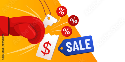 Boxing glove punching and breaking price tags, sale concept