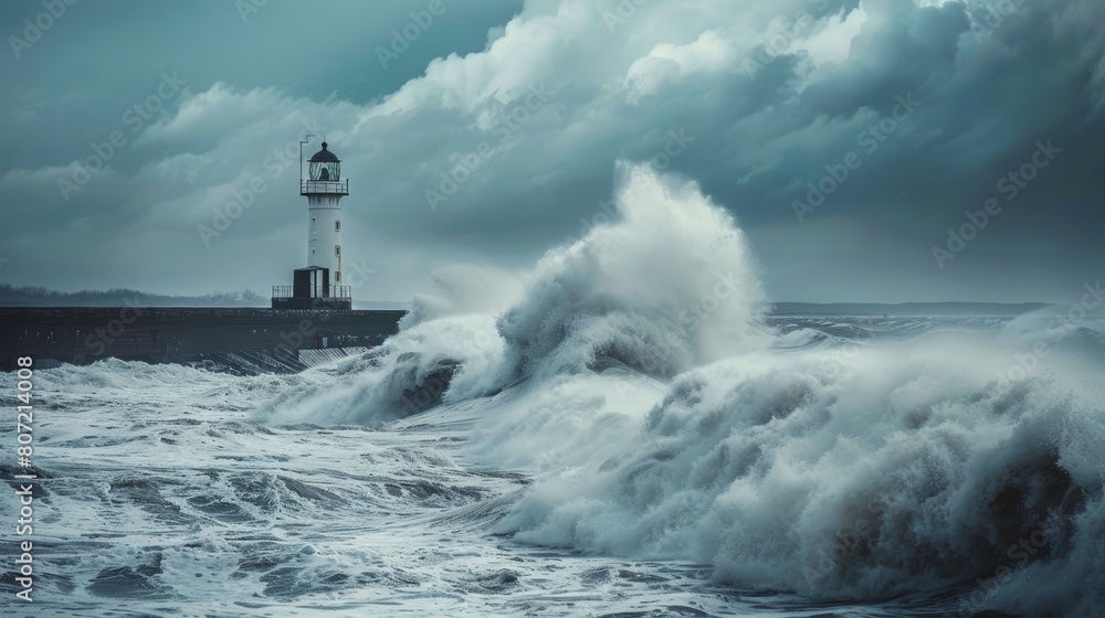 Lighthouse with crashing waves during a storm. Dramatic seascape photography