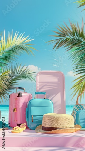 Travel luggage set with summer hat and flip-flops. Tropical palm leaves and clear blue sky backdrop.