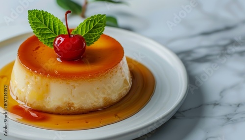 Fancy Neapolitan flan on plate with decoration and copy space