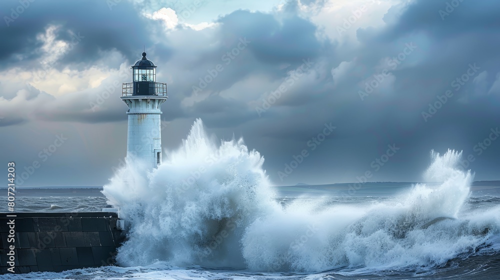 Lighthouse enduring storm with massive waves. Dramatic seascape photography. Maritime safety and weather concept