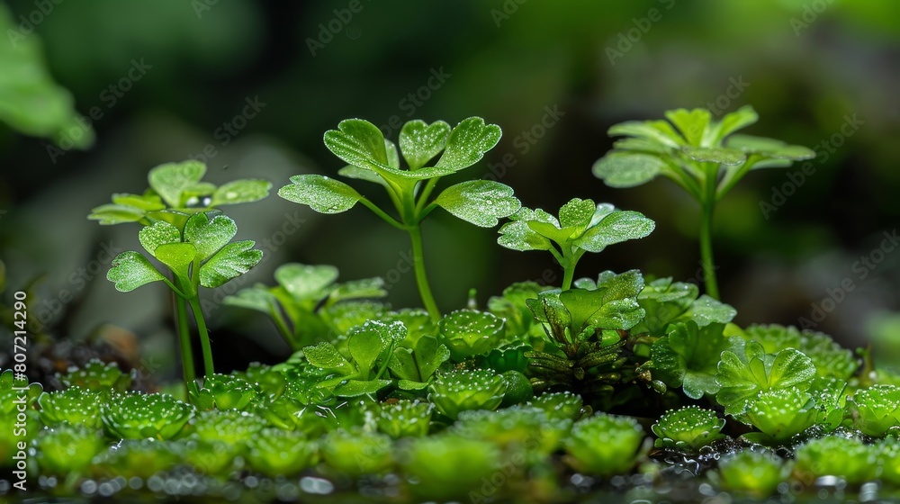 A bunch of green plants with dew on them A bunch of green plants with dew on them