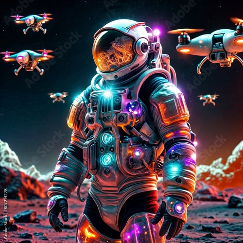 Astronaut on a planet in space with drones surrounding in electric blue darkness