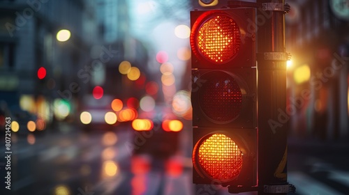 Traffic lights glowing red in an urban setting with blurred car lights in the background.