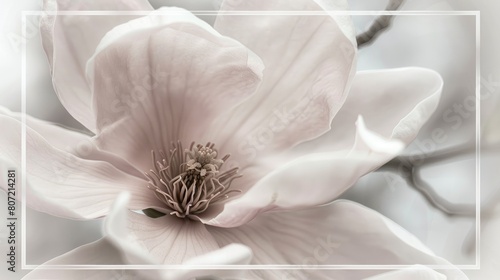 a white frame showcasing a pristine magnolia flower  highlighting its intricate details and timeless elegance.