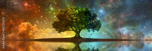Surreal Dreamland: Starlit Colored Spectrum Bird Tree Reflecting on Dreamlike Landscape © Lester