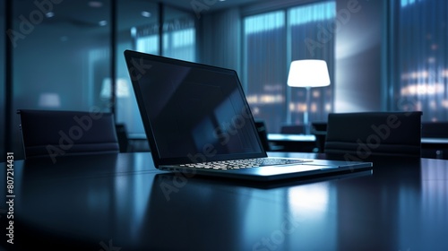 Laptop computer with opened lid on table in meeting room of office workspace. hyper realistic  photo