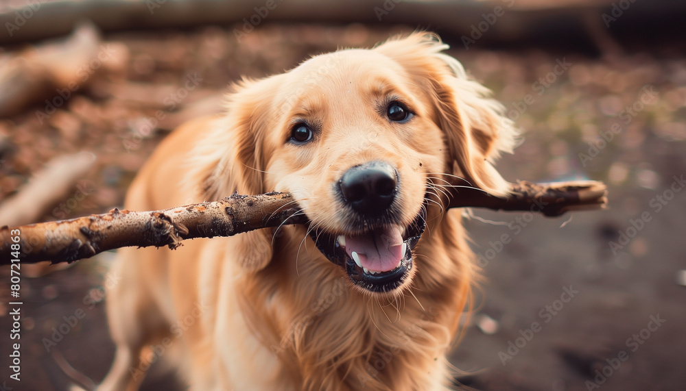Obraz premium Happy dog with wooden stick