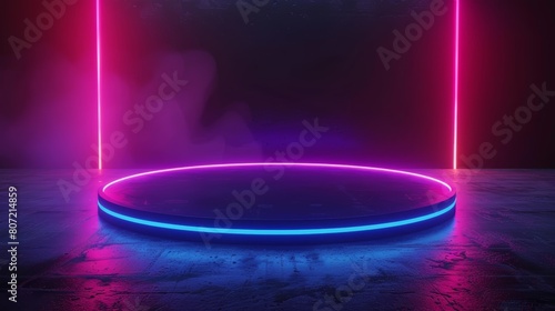 Futuristic circular platform with pink and blue neon lighting. Cyberpunk presentation stage with reflective wet floor.