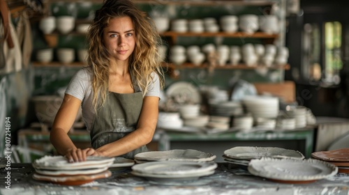 Young Female Potter in Workshop Surrounded by Ceramic Plates. Generative ai