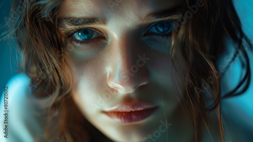 Intense Blue Eyes Portrait of Young Woman in Moody Lighting. Generative ai