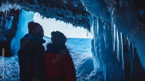 Couple holding hands in a mystical ice cave, creating a romantic and adventurous winter scene. © Andrey