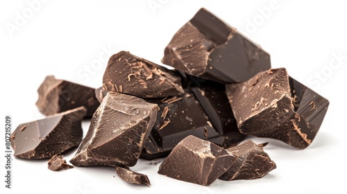 Pile of dark chocolate chunks on a white background.