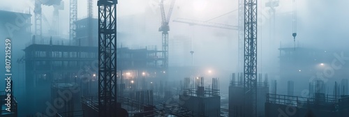 A dense fog shrouds a construction site in the early dawn, highlighting the industrial atmosphere