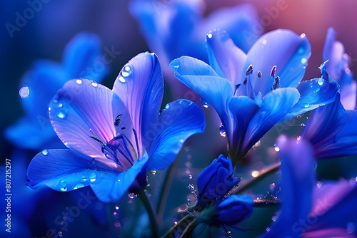 A close-up of a blue flower with drops of water on it. A lovely arrangement of blue flowers.Night-blooming flowers with deep sapphire blue petals and diamond-like-clear dewdrops against a background o