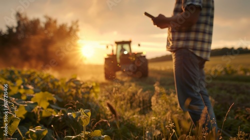 Farmer Using Smartphone in Field at Sunset with Tractor in Background. Generative ai © Iuliia Metkalova