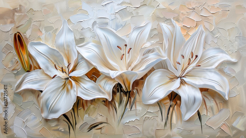 A painting of a bunch of white lilies with green leaves