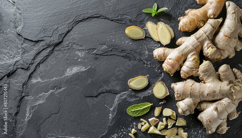 Fresh and dry ginger on black slate table arranged for text