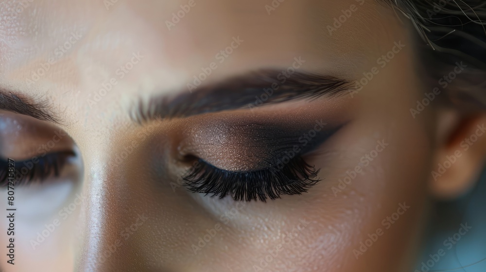 Fototapeta premium Female eyes with smokey eye make-up, blended shadows, long black lashes with mascara, copy space.