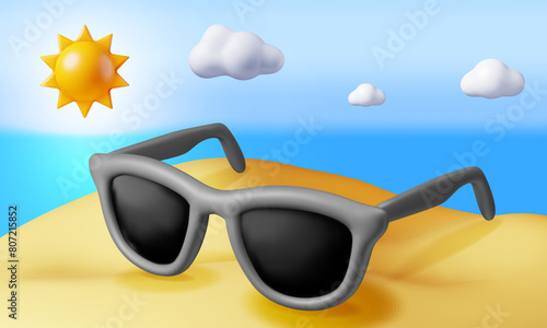 3d beach with sunglasses in sand over sea. Render summer vacation composition. Summer trip icon. Concept of vacation or holiday, Time to travel. Beach relaxation. Vector Illustration