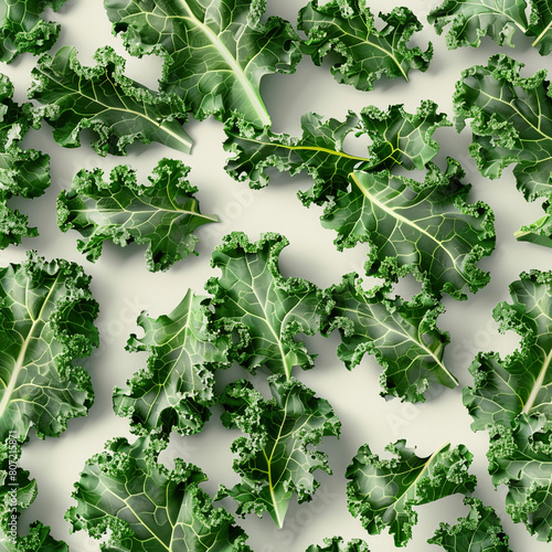 Patterned kale leaves in a transparent, vibrant overlay on white.