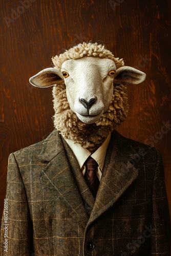 sheep in a suit on a brown background. business style.