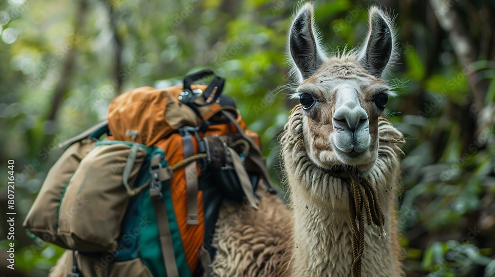 Obraz premium Adventurous llama outfitted in a cool explorer's gear, ready for a jungle expedition