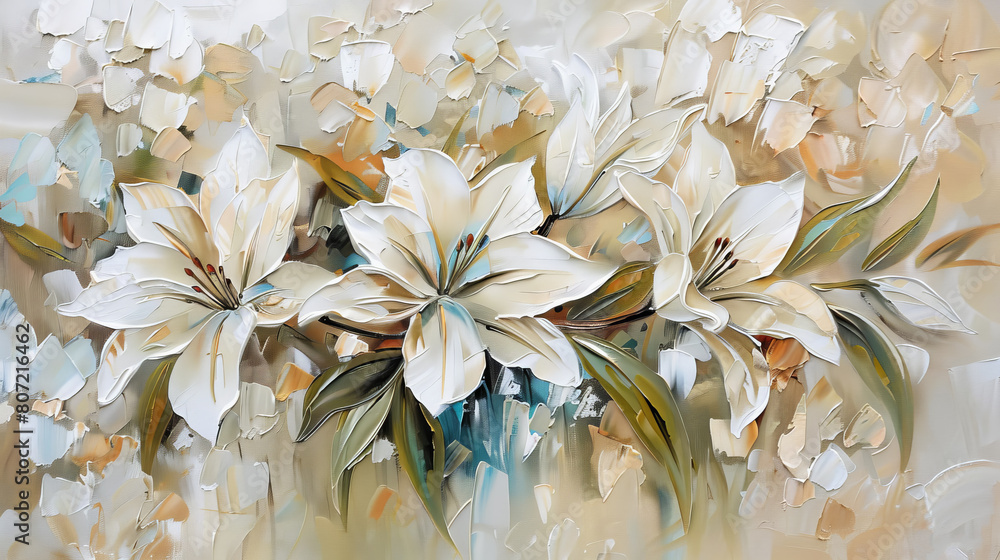 A painting of three white lilies with green leaves