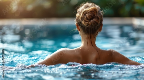 A Young Woman Immerses Herself in the Spa Resort s Swimming Pool  Indulging in Beauty and Body Care Regimens
