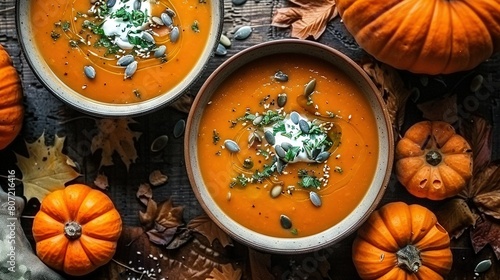   Two bowls of pumpkin soup on an autumn table, surrounded by pumpkins, leaves, and seasonal foods