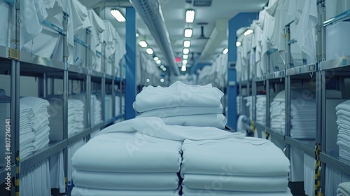 a commercial laundry plant  where mountains of linens undergo the meticulous processes of washing  drying  and ironing  with machinery humming tirelessly in the background.