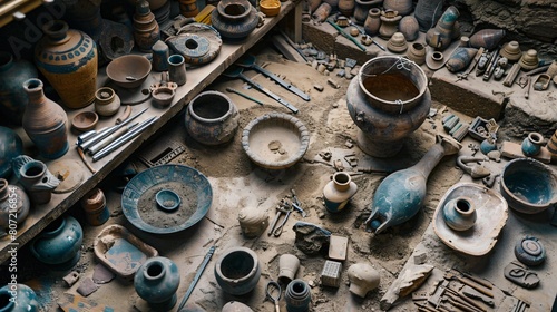 Archaeological dig site revealing the tomb of Tutankhamun, tools and artifacts scattered around photo