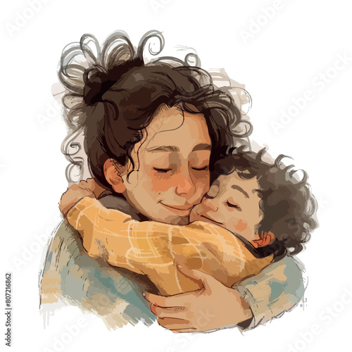 A mother hugging her kid in love vector watercolor illustration mothers day
