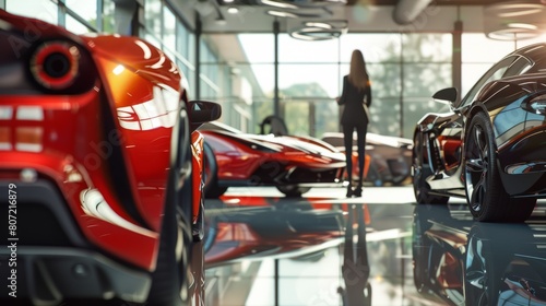 Professional businesswoman finalizing a deal in a high-end auto dealership salon, surrounded by expensive cars. Luxury car showroom. Automotive industry. hyper realistic  photo