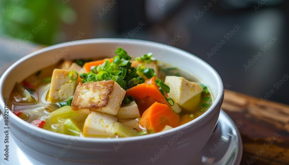 Indonesian vegetable and tofu soup made from tofu carrot potato and leek served in a white bowl popular for breakfast or lunch Indonesian vegetable and tofu soup made from tofu carrot potato and leek served in a white bowl popular for breakfast or lunch