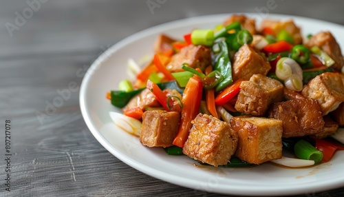 Indonesian tofu and tempeh on a white plate