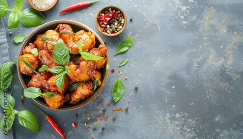 Indonesian food Galangal Fried Chicken with Curry leaves presented on a gray background photo