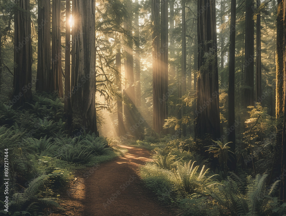 Hiking trails in an ancient forest, morning light filtering through tall trees, showcasing a path less traveled and serene naturerealistic photography