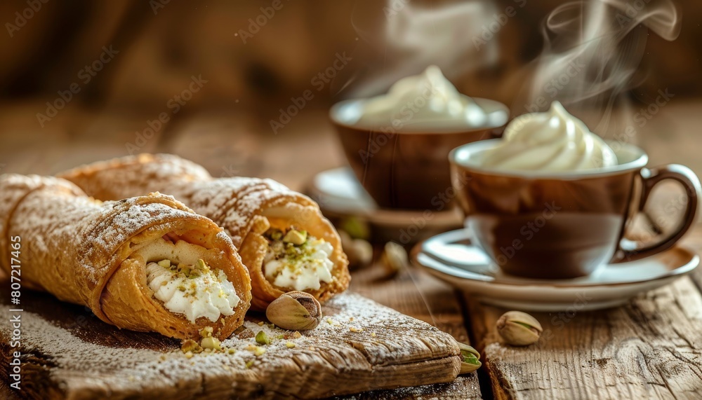 Freshly cut pistachio cannoli paired with steaming coffee on a rustic wooden table in the morning Freshly cut pistachio cannoli paired with steaming coffee on a rustic wooden table in the morning