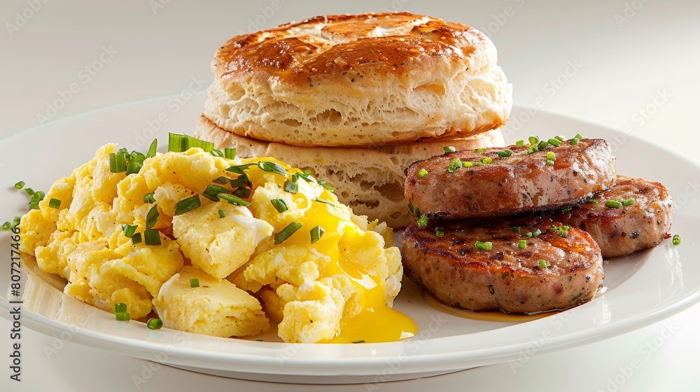 Hospital lunch, 2 scrambled eggs, potato meatball, 2 kefir cookies and a sausage pie, realistic food photo, white background. Hospital lunch, 2 scrambled eggs, potato meatball, 2 kefir cookies and a sausage pie, realistic food photo, white background.