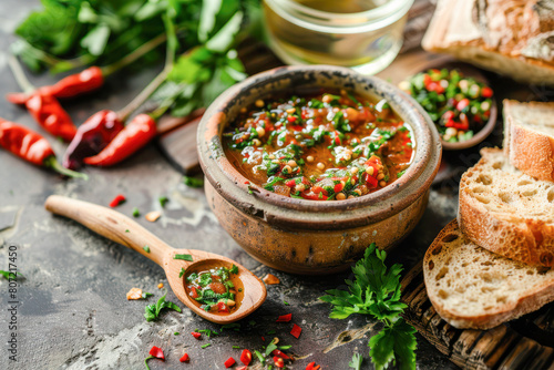 A delectable bowl of homemade chili sauce garnished with fresh herbs, served with bread, surrounded by vibrant red chili peppers.