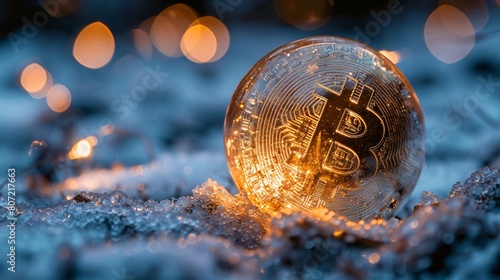 Bitcoin represented as a glowing orb that begins to dim and dissolve, signaling economic turmoil photo