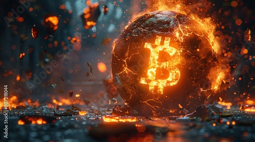 Bitcoin symbol on a crumbling sphere, disintegrating into pixels, representing a financial meltdown photo