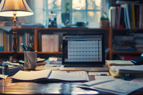 Busy desk with documents, stationery, and open calendar showing full week schedule © Андрей Знаменский