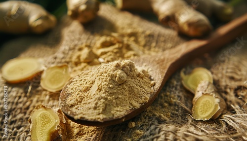 Ginger in its various forms on a wooden spoon Healthful spice Zingiber officinale photo