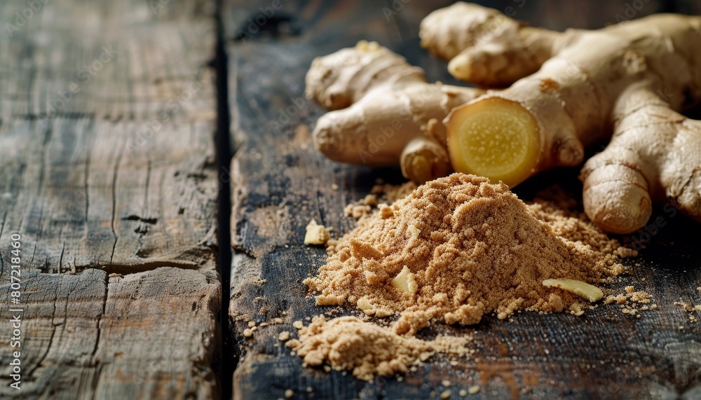 Ginger root and ground spice on wood backdrop Ginger root and ground spice on wood backdrop