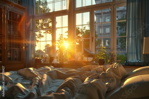 A cozy bedroom interior at sunrise with warm sunlight streaming through large windows.