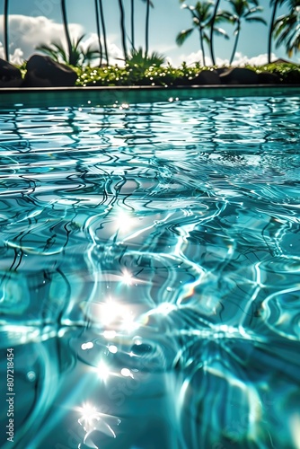 A swimming pool with crystal-clear blue water, set against a sunny sky and framed by palm trees.