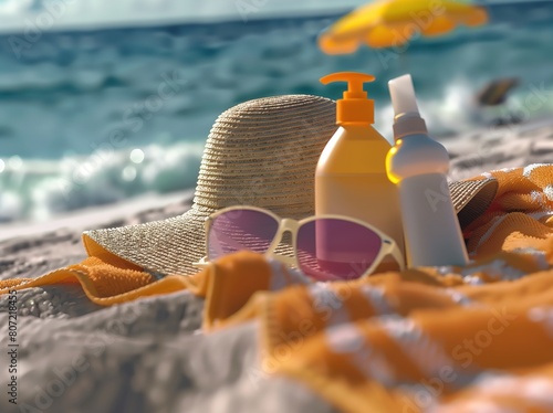 A summer beach  featuring a straw hat, sunglasses, and sunscreen bottles resting on the sandy shore, with the ocean in the background, evoking a sense of leisure and vacation.