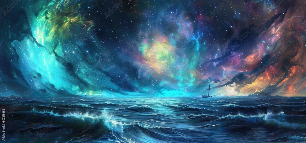 fantasy art of ocean from the bow of a ship, with multicolored energy swirls like bioluminessence in the sky and in the water